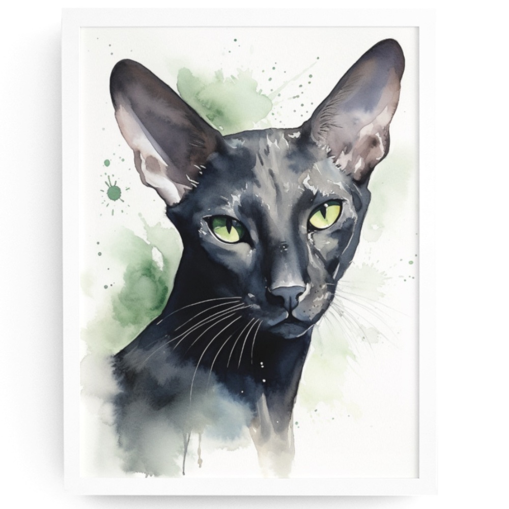 Watercolor Oriental Black Cat Portrait Wall Art Illustration Print Unframed